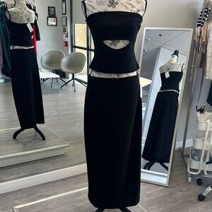 Black Two-Piece Set – Strapless Cutout Top & Midi Skirt – Sleek Minimalist